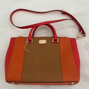 Michael Kors Red Orange Tan Colorblock Leather Satchel